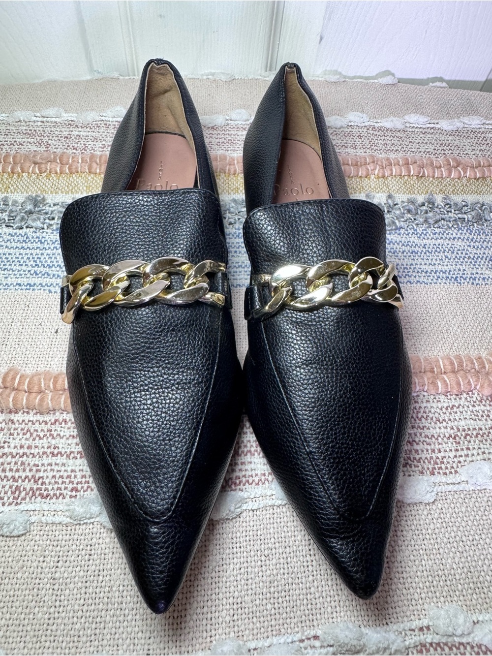 Paolo Black Pointed Toe Loafers with Gold Chain - Picture 3 of 8